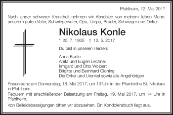 Traueranzeige von Nikolaus Konle von Schwäbische Post