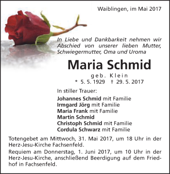 Traueranzeige von Maria Schmid von Schwäbische Post