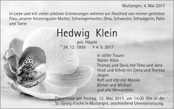 Traueranzeige von Hedwig Klein von Gmünder Tagespost