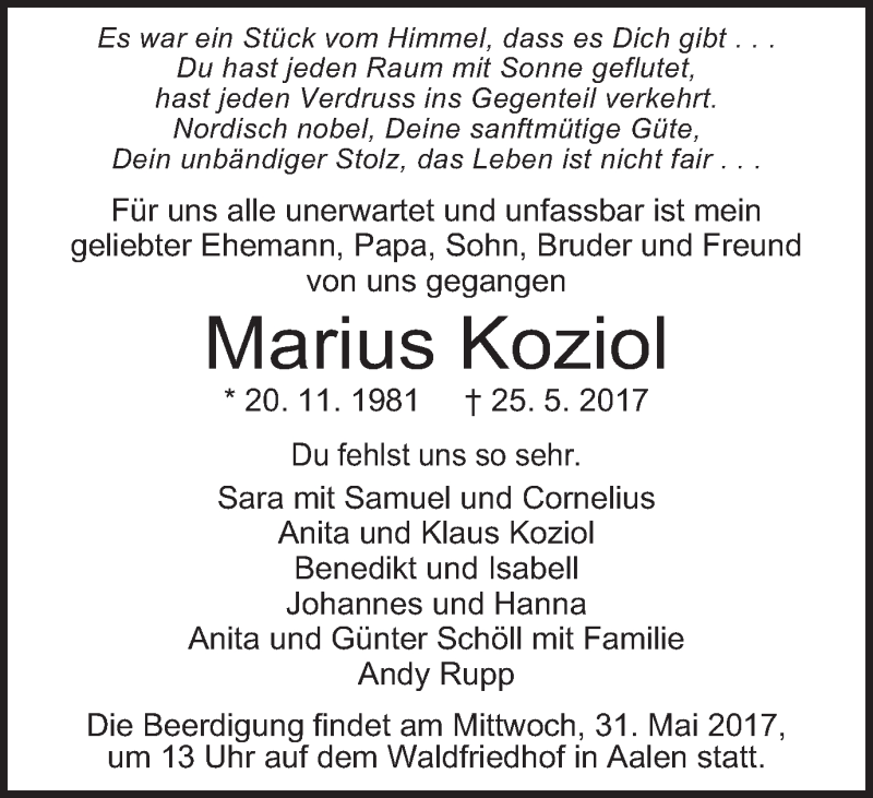  Traueranzeige für Marius Koziol vom 29.05.2017 aus Gmünder Tagespost