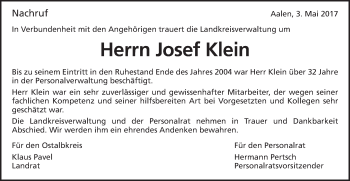 Traueranzeige von Josef Klein von Schwäbische Post