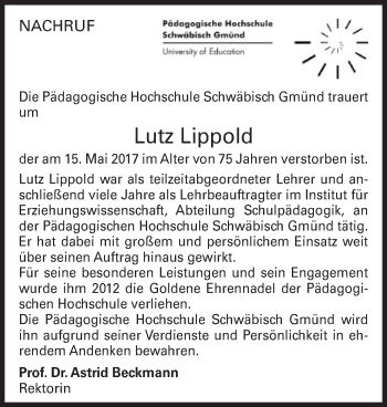 Traueranzeige von Lutz Lippold von Gmünder Tagespost