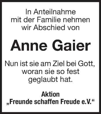 Traueranzeige von Anne Gaier von Schwäbische Post