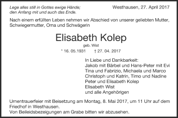 Traueranzeige von Elisabeth Kolep von Schwäbische Post