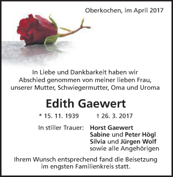 Traueranzeige von Edith Gaewert von Amtsblatt_Oko
