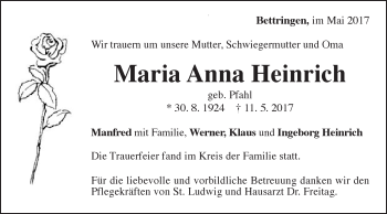 Traueranzeige von Maria Anna Heinrich von Gmünder Tagespost