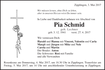 Traueranzeige von Pia Schmid von Schwäbische Post