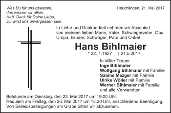 Traueranzeige von Hans Bihlmaier von Gmünder Tagespost