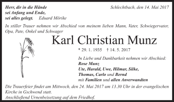 Traueranzeige von Karl Christian Munz von Gmünder Tagespost