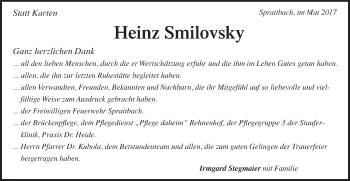 Traueranzeige von Heinz Smilovsky von Gmünder Tagespost