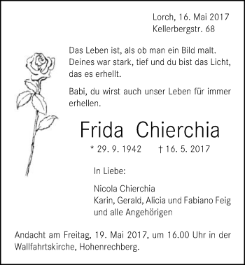 Traueranzeige von Frida Chierchia von Gmünder Tagespost