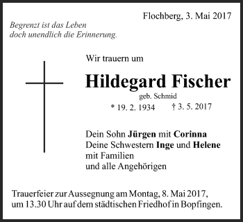 Traueranzeige von Hildegard Fischer von Schwäbische Post