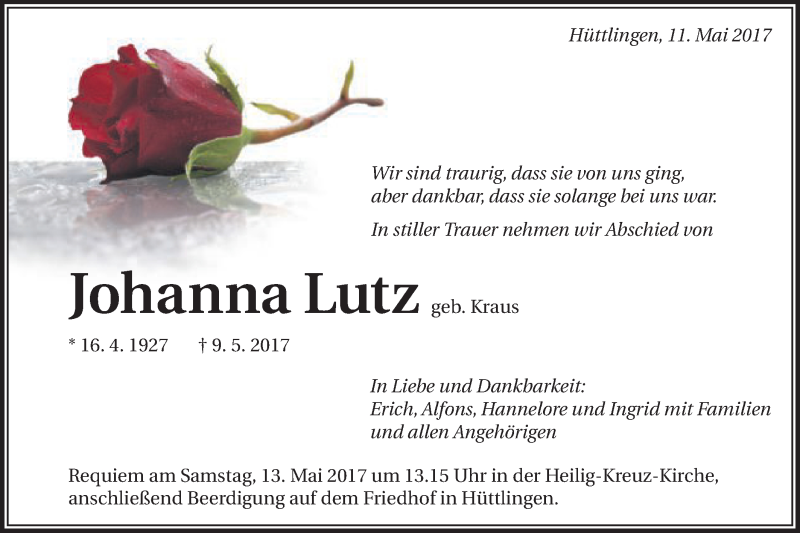  Traueranzeige für Johanna Lutz vom 11.05.2017 aus Schwäbische Post