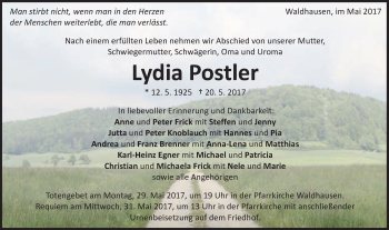 Traueranzeige von Lydia Postler von Schwäbische Post