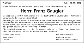 Traueranzeige von Franz Gaugler von Schwäbische Post