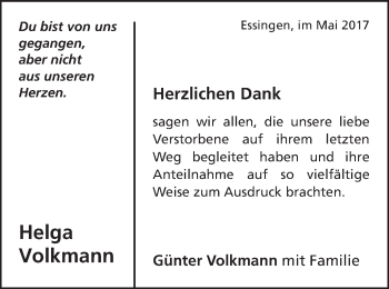 Traueranzeige von Helga Volkmann von Schwäbische Post