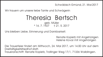 Traueranzeige von Theresia Bertsch von Gmünder Tagespost