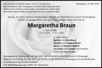 Traueranzeige von Margaretha Braun von Schwäbische Post