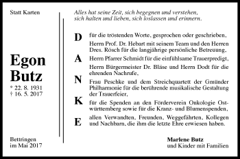 Traueranzeige von Egon Butz von Gmünder Tagespost