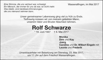 Traueranzeige von Rolf Schwarze von Schwäbische Post
