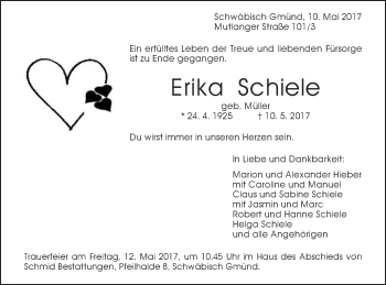 Traueranzeige von Erika Schiele von Gmünder Tagespost