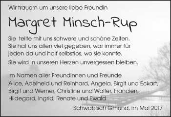 Traueranzeige von Margret Minsch-Rup von Gmünder Tagespost