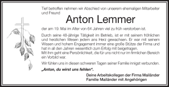 Traueranzeige von Anton Lemmer von Schwäbische Post