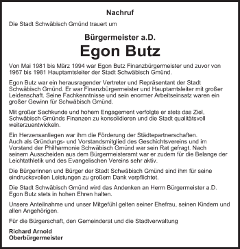 Traueranzeige von Egon Butz von Gmünder Tagespost