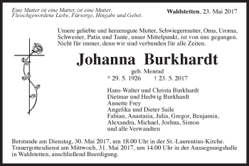 Traueranzeige von Johanna Burkhardt von Gmünder Tagespost