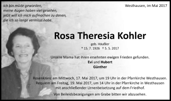Traueranzeige von Rosa Theresia Kohler von Schwäbische Post