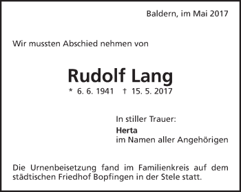 Traueranzeige von Rudolf Lang von Schwäbische Post