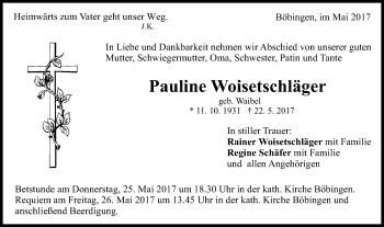 Traueranzeige von Pauline Woisetschläger von Gmünder Tagespost