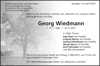 Traueranzeige von Georg Wiedmann von Schwäbische Post
