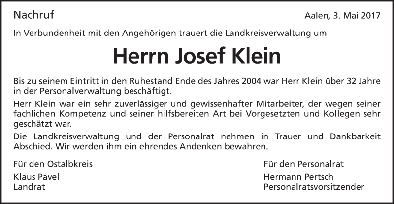  Traueranzeige für Josef Klein vom 03.05.2017 aus Schwäbische Post