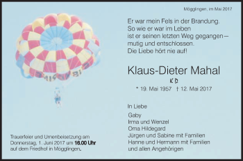 Traueranzeige von Klaus-Dieter Mahal von Gmünder Tagespost