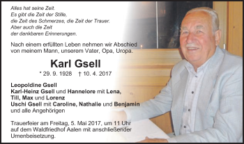 Traueranzeige von Karl Gsell von Schwäbische Post