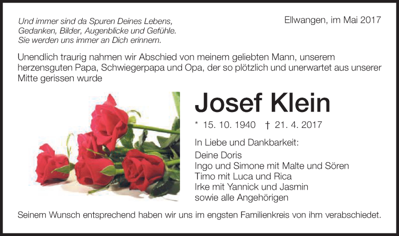  Traueranzeige für Josef Klein vom 03.05.2017 aus Schwäbische Post