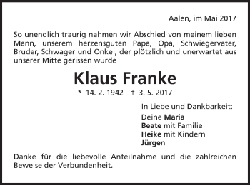Traueranzeige von KLaus Franke von Schwäbische Post