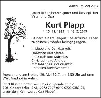 Traueranzeige von Kurt Plapp von Schwäbische Post