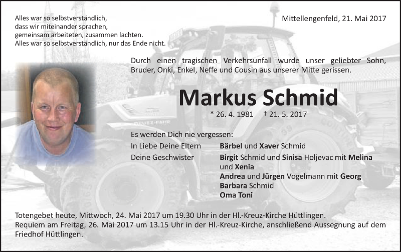  Traueranzeige für Markus Schmid vom 24.05.2017 aus Schwäbische Post
