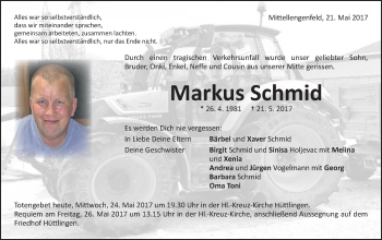 Traueranzeige von Markus Schmid von Schwäbische Post