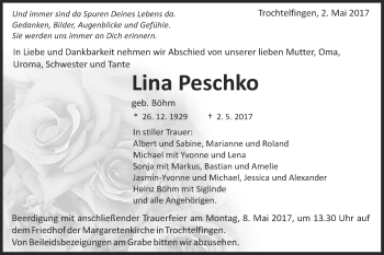 Traueranzeige von Lina Peschko von Schwäbische Post