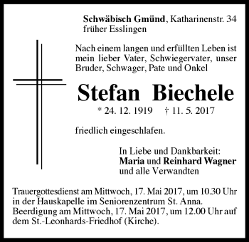 Traueranzeige von Stefan Biechele von Gmünder Tagespost