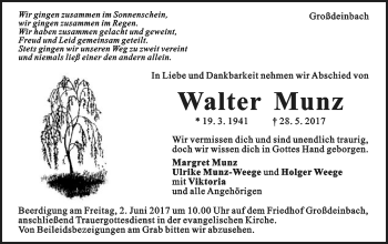 Traueranzeige von Walter Munz von Gmünder Tagespost