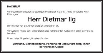 Traueranzeige von Dietmar Ilg von Schwäbische Post