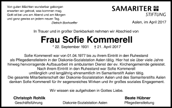 Traueranzeige von Sofie Kommerell von Schwäbische Post
