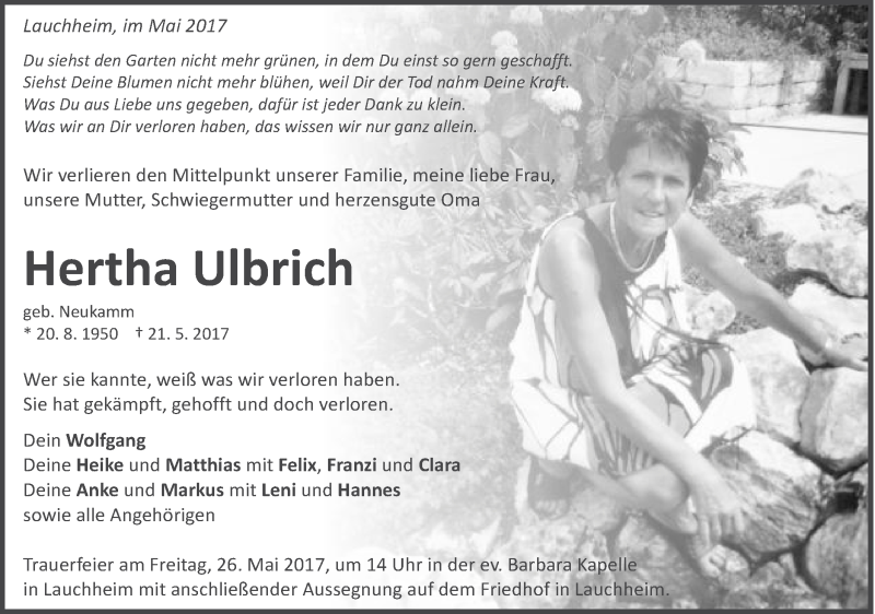  Traueranzeige für Hertha Ulbrich vom 23.05.2017 aus Schwäbische Post