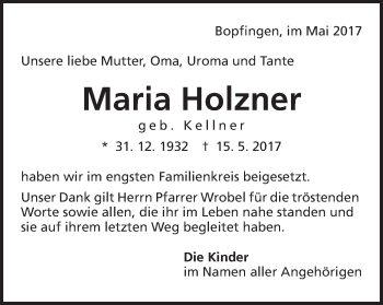 Traueranzeige von Maria Holzner von Bopfinger Stadtanzeiger