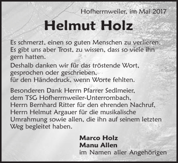 Traueranzeige von Helmut Holz von Schwäbische Post