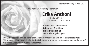 Traueranzeige von Erika Anthoni von Schwäbische Post